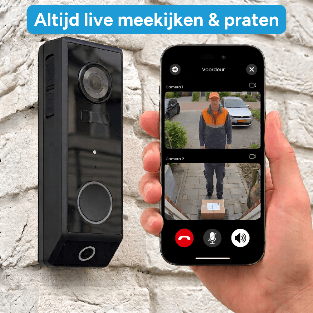 Altijd live meekijken & praten, postbezorger zichtbaar en pakket op de grond zichtbaar via de 2 camera beelden in de app